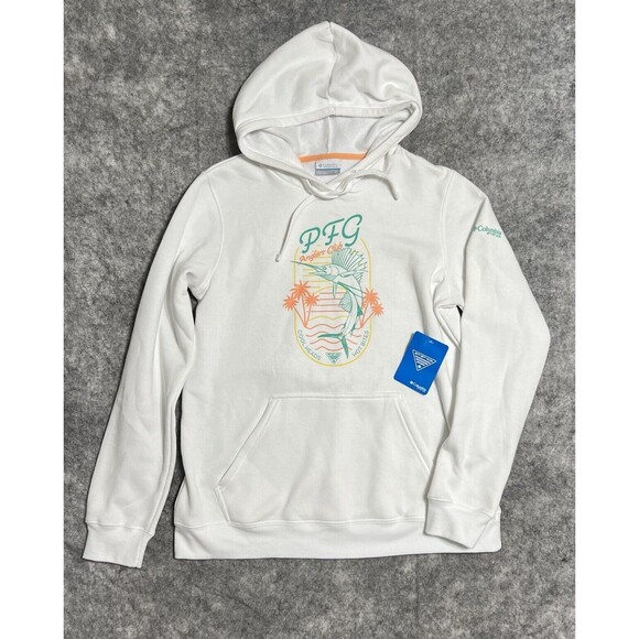 Columbia PFG Hoodie Women’s M Fleece Sweatshirt White Anglers Club Fishing NWT - Picture 1 of 15